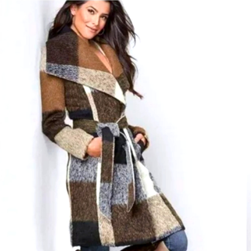 VENUS Multi-Color Plaid Wrap Coat — Brown, Gray, Cream